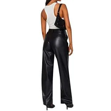 Trendy Faux Black Leather Wide Leg Pants for Women