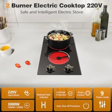 Cooksir 2 Burner Electric Cooktop 220V - Built-in 12 Inch Electric Stove Top 3000W, Ceramic Cook Top Radiant, 9 Power Heating Levels, Overheat Protection, Retro Knob, 220V - 240V Hard Wired (No Plug)