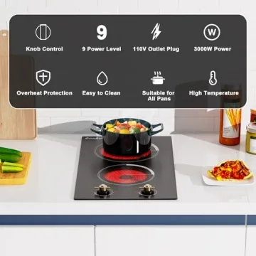 Cooksir 2 Burner Electric Cooktop 220V - Built-in 12 Inch Electric Stove Top 3000W, Ceramic Cook Top Radiant, 9 Power Heating Levels, Overheat Protection, Retro Knob, 220V - 240V Hard Wired (No Plug)