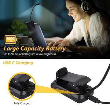 LED Rechargeable Book Light for Reading and Studying in Bedroom or Dormitory. Eye caring 9 modes, Stepless Dimming Brightness, 9-90H Runtime, Small Size and Lightweight with Anti-skid clip is portable