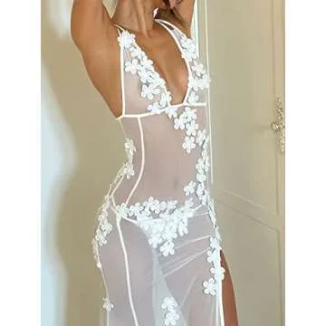 Sexy See Through Sheer Lace Maxi Dress Floral Lace Patchwork Backless Bodycon Long Dresses Beach Vacation Party Wear (Floral High Slit White, M)