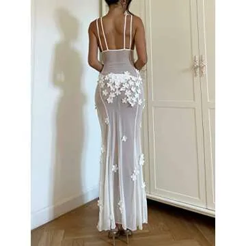 Sexy See Through Sheer Lace Maxi Dress Floral Lace Patchwork Backless Bodycon Long Dresses Beach Vacation Party Wear (Floral High Slit White, M)