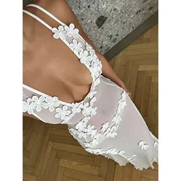 Sexy See Through Sheer Lace Maxi Dress Floral Lace Patchwork Backless Bodycon Long Dresses Beach Vacation Party Wear (Floral High Slit White, M)