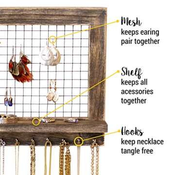 SoCal Buttercup Rustic Jewelry Organizer Wall Mounted - Wooden Wall Mount Display Holder for Earring...