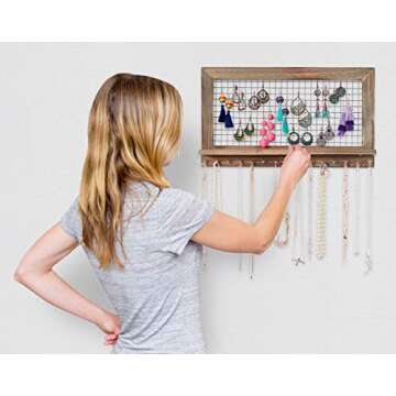 SoCal Buttercup Rustic Jewelry Organizer Wall Mounted - Wooden Wall Mount Display Holder for Earrings, Necklaces, Bracelets, Rings, and Many Other Accessories