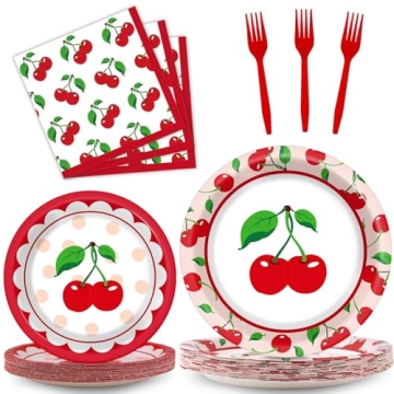 OBUSATT 100 Pcs Cherry Fruit Party Supplies Tableware Set for Summer Gatherings