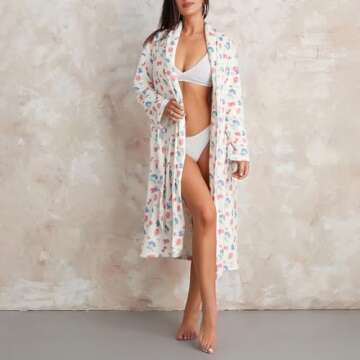 Owl's-Yard Women's Soft Summer Dressing Gown Floral Fruit Print Plush Shawl Collar Bathrobe Warm Lounge Robe with Belt (A-White, M)