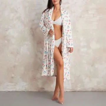 Owl's-Yard Women's Soft Summer Dressing Gown Floral Fruit Print Plush Shawl Collar Bathrobe Warm Lounge Robe with Belt (A-White, M)