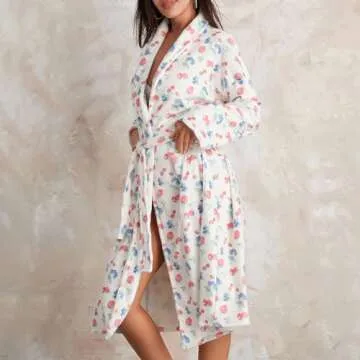 Owl's-Yard Women's Soft Summer Dressing Gown Floral Fruit Print Plush Shawl Collar Bathrobe Warm Lounge Robe with Belt (A-White, M)