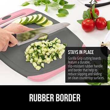The Original GORILLA GRIP Oversized 100% BPA Free Reversible Durable Kitchen Cutting Board Set of 3, Juice Grooves, Dishwasher Safe, Easy Grip Handle Border, Food Chopping Boards, Cooking, Pink Gray