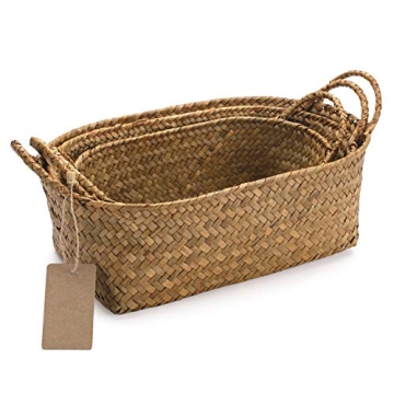 Seagrass Woven Baskets for Storage Natural Shelf Basket with Handle for Organizer Stackable Oval Set...