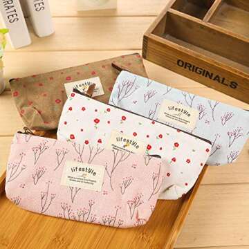 AKIRO Pencil Case, Cute Floral Flower Canvas Zipper Pencil Cases Lovely Fabric Flower Tree Pen Bags Supplies 4 Pcs