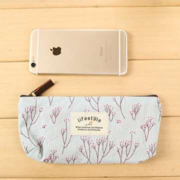 AKIRO Pencil Case, Cute Floral Flower Canvas Zipper Pencil Cases Lovely Fabric Flower Tree Pen Bags Supplies 4 Pcs