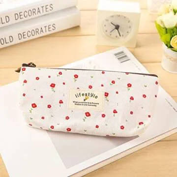 AKIRO Pencil Case, Cute Floral Flower Canvas Zipper Pencil Cases Lovely Fabric Flower Tree Pen Bags Supplies 4 Pcs
