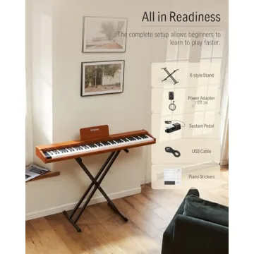 Donner DEP-1S Piano Keyboard 88 Keys, Beginner Digital Piano with 88 Key Velocity-Sensitive Keyboard, Record, Bluetooth, Chord, Bundle With Piano Stand, Piano Stickers, Sustain Pedal, Retro Wood Color