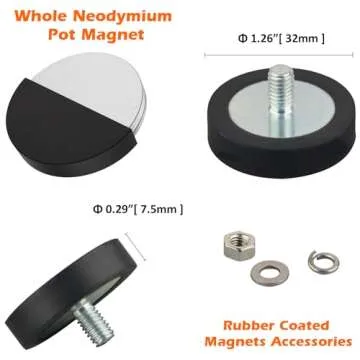 MUTUACTOR 4Pack Pull-Force 40lb Strong Rubber Coated Neodymium Magnets with Male Threaded Stud M6,Non-Slip Magnetic Mounting Rare Earth Magnets Heavy Duty for LED Signal Lighting Miniature Equipments