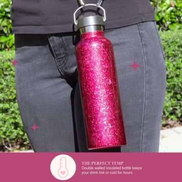 Paris Hilton Diamond Bling Water Bottle with Lid and Removable Carrying Strap, Stainless Steel Vacuum Insulated, Crackle Design, 25-Ounce, Pink Crackle