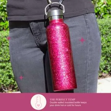 Paris Hilton Diamond Bling Water Bottle with Lid and Removable Carrying Strap, Stainless Steel Vacuum Insulated, Crackle Design, 25-Ounce, Pink Crackle