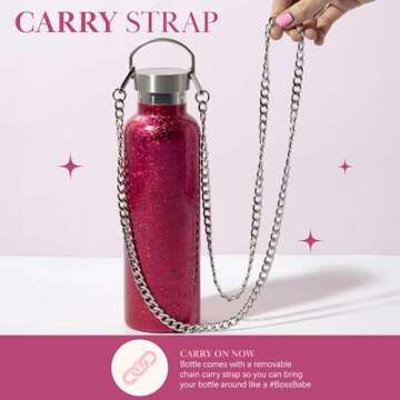 Paris Hilton Diamond Bling Water Bottle with Lid and Removable Carrying Strap, Stainless Steel Vacuum Insulated, Crackle Design, 25-Ounce, Pink Crackle