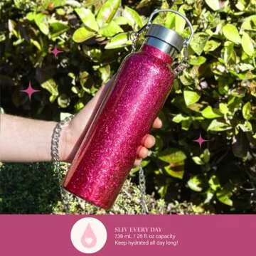 Paris Hilton Diamond Bling Water Bottle with Lid and Removable Carrying Strap, Stainless Steel Vacuum Insulated, Crackle Design, 25-Ounce, Pink Crackle