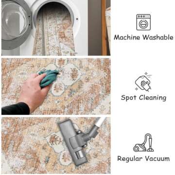 Beeiva Boho Washable Kitchen Rug, Khaki 2x5 Runner Rug Non Slip Ultra Thin Floor Carpet Runner, Print Distressed Tribal Laundry Room Rug Runner for Hallway Bedroom Bathroom