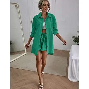 Zeagoo Womens Coordinated Outfit Casual 2 Piece Tracksuit Loose Button Blouse Shirt Top High Wasit Elastic Shorts Set Loungewear Summer, Green, Medium