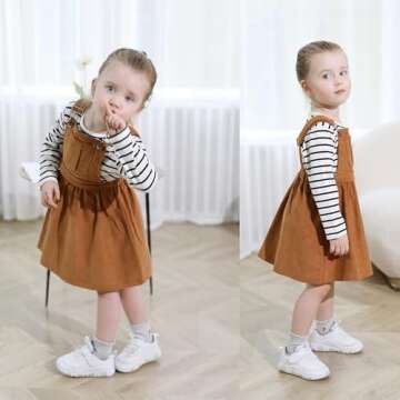 Toddler Baby Girl Fall Outfit Long Sleeve Stripe T-Shirt and Strap Dress Overall with One Pocket Clothes Sets (Brown, 2-3T)