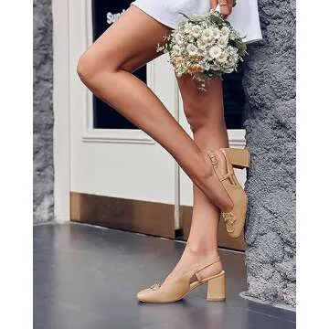 Coutgo Women's Slingback Chunky Block Heels Pumps Square Toe Metal Buckle Party Dress Work Shoes, Khaki, Size 7