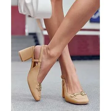 Coutgo Women's Slingback Chunky Block Heels Pumps Square Toe Metal Buckle Party Dress Work Shoes, Khaki, Size 7
