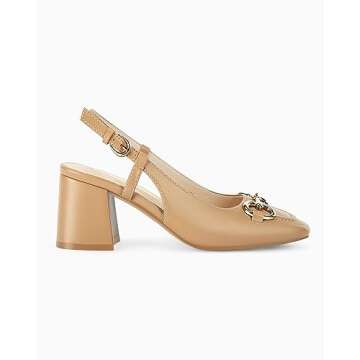 Coutgo Women's Slingback Chunky Block Heels Pumps Square Toe Metal Buckle Party Dress Work Shoes, Khaki, Size 7