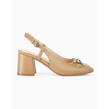 Coutgo Women's Slingback Chunky Block Heels Pumps Square Toe Metal Buckle Party Dress Work Shoes, Khaki, Size 7