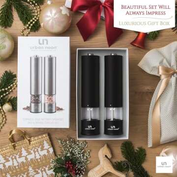 Electric Salt and Pepper Grinder Set - Matte Black Battery Operated Salt & Pepper Mills with Light (...