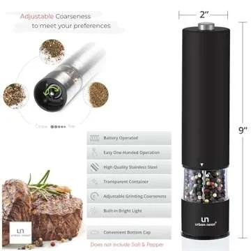Electric Salt and Pepper Grinder Set - Matte Black Battery Operated Salt & Pepper Mills with Light (Pack of 2) - Automatic One Handed Operation with Adjustable Ceramic Grinders