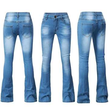 Andongnywell Mid Waist Juniors Womens Plus 70s Flared Bell Bottom Bootcut Denim Jeans Pants (Blue,XXXX-Large)