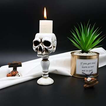 Skull Candle Holder - Gothic Tabletop Cranium Skeleton Head Candlestick Retro Spooky Desktop Tealigh...