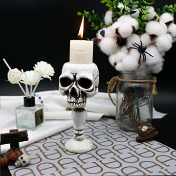 Skull Candle Holder - Gothic Tabletop Cranium Skeleton Head Candlestick Retro Spooky Desktop Tealight Cup Horrible Home Office Bar Party Graveyard Decor
