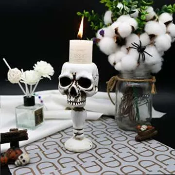 Skull Candle Holder - Gothic Tabletop Cranium Skeleton Head Candlestick Retro Spooky Desktop Tealight Cup Horrible Home Office Bar Party Graveyard Decor