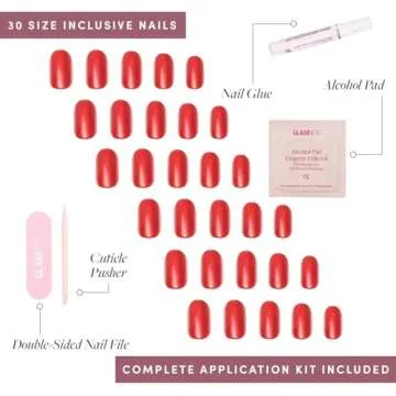 Glamnetic Press On Nails - Cherry Glaze | Short Round Bright Cherry Red Nails with a Glaze Finish | 15 Sizes - 30 Nail Kit with Glue