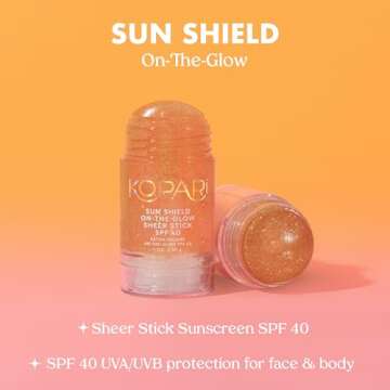 Kopari Sun Shield On-The-Glow Sheer Sunscreen Stick SPF 40, Sweat and Water Resistant Roll On Sunscreen For Face and Body with Vitamin E and Bisobolol, 1oz