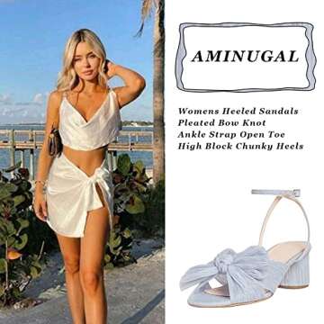 Womens Heeled Sandals Pleated Bow Knot Ankle Strap Open Toe High Block Chunky Heels Sandals Dress Br...