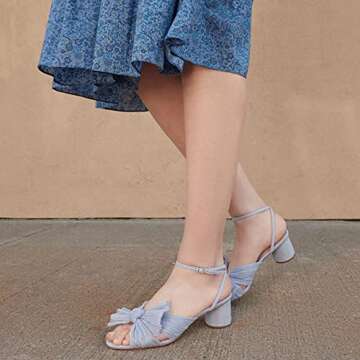 Womens Heeled Sandals Pleated Bow Knot Ankle Strap Open Toe High Block Chunky Heels Sandals Dress Bridal Wedding Shoes Pumps, B-blue（1.96"）, 5 UK