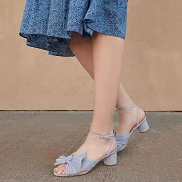 Womens Heeled Sandals Pleated Bow Knot Ankle Strap Open Toe High Block Chunky Heels Sandals Dress Bridal Wedding Shoes Pumps, B-blue（1.96"）, 5 UK