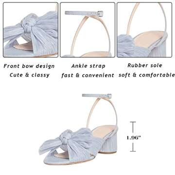 Womens Heeled Sandals Pleated Bow Knot Ankle Strap Open Toe High Block Chunky Heels Sandals Dress Bridal Wedding Shoes Pumps, B-blue（1.96"）, 5 UK