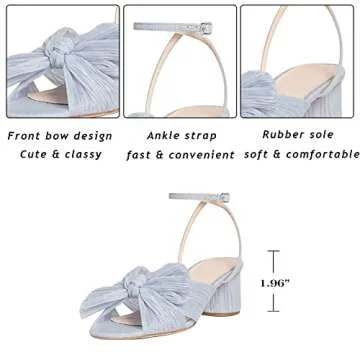 Womens Heeled Sandals Pleated Bow Knot Ankle Strap Open Toe High Block Chunky Heels Sandals Dress Bridal Wedding Shoes Pumps, B-blue（1.96"）, 5 UK