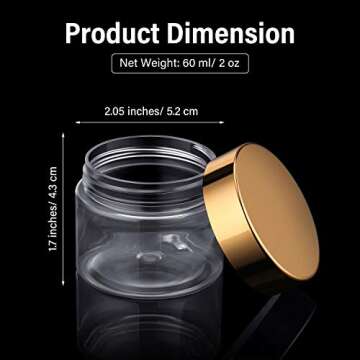 16 Pieces 2 oz Plastic Jars with Lids Gold Plastic Containers Round Clear Leak Proof Cosmetic Contai...