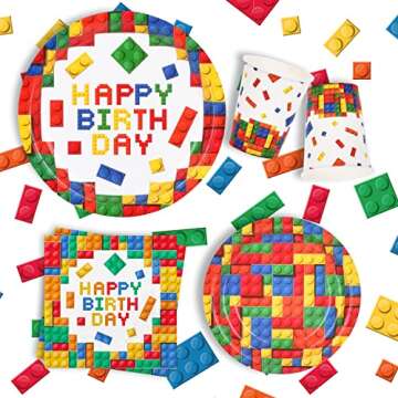 Building Block Party Supplies Paper Plates Napkins Cups Tablecloth Banner for Colorful Building Block Birthday Party Decorations for Boys, Kid’s Birthday Party Decorations Serve 25