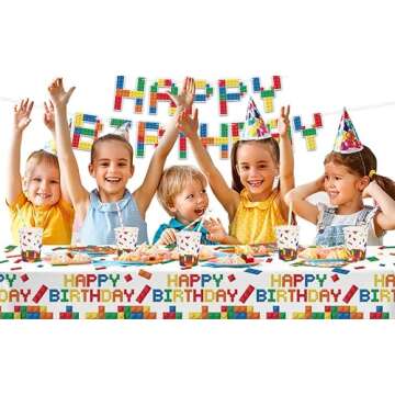 Building Block Party Supplies Paper Plates Napkins Cups Tablecloth Banner for Colorful Building Block Birthday Party Decorations for Boys, Kid’s Birthday Party Decorations Serve 25