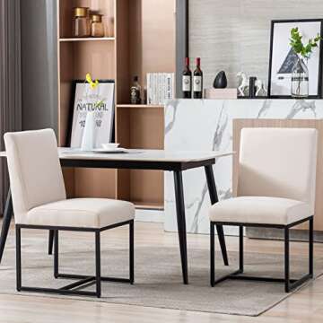 VESCASA Linen Upholstered Dining Chairs Set of 4, Mid Century Modern Padded Chair with Black Metal Frame for Restaurant, Dining Room, Kitchen, Cream