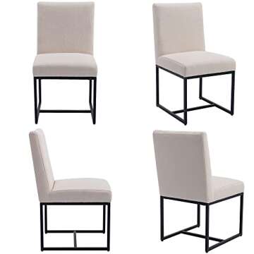 VESCASA Linen Upholstered Dining Chairs Set of 4, Mid Century Modern Padded Chair with Black Metal Frame for Restaurant, Dining Room, Kitchen, Cream