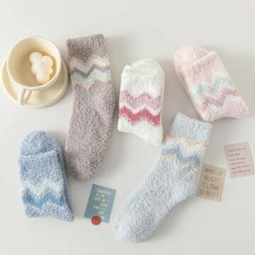 fauson 5 Pairs Fuzzy Socks, Cozy Winter Socks for Women, Soft Slipper Socks, Polyester/Spandex, 1.0 Count, Round Toe, Crew Length, Unisex-Adults